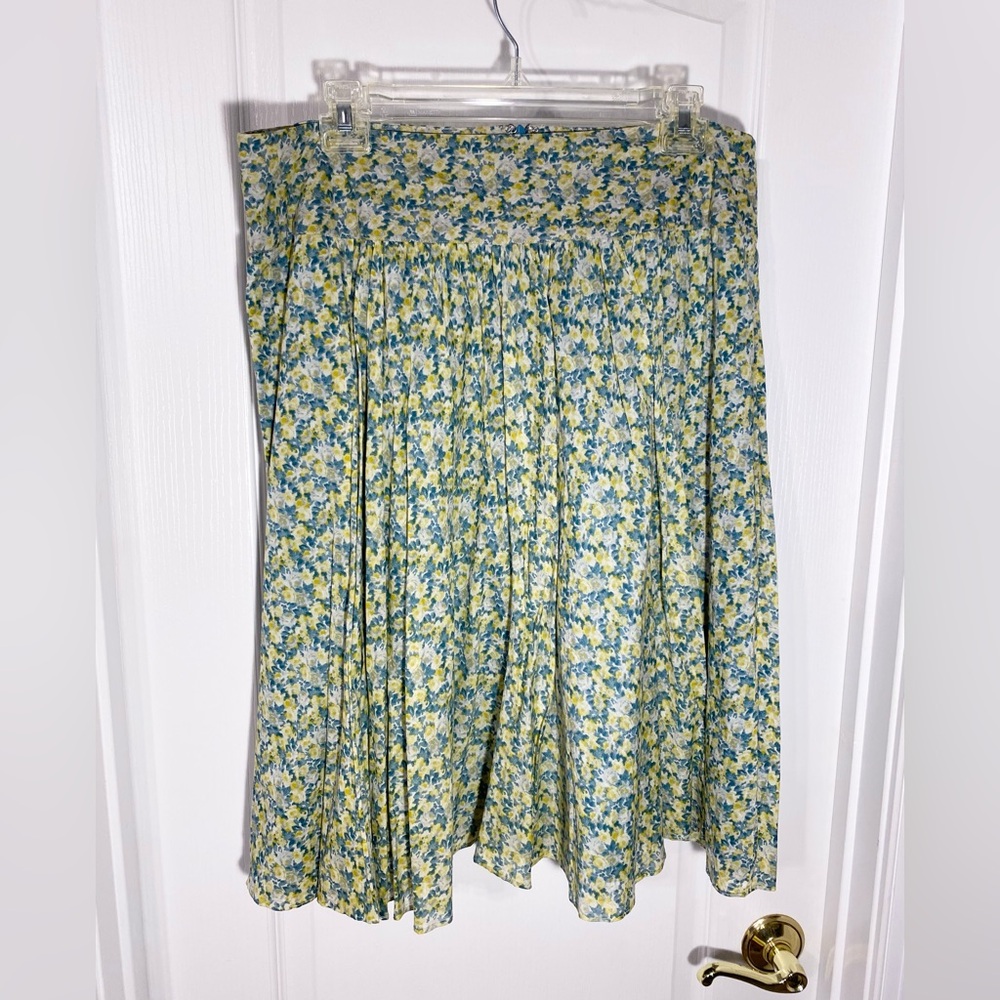 Talbots Floral Drop Waist Pleated Cotton Midi Skirt Green Yellow Size 12